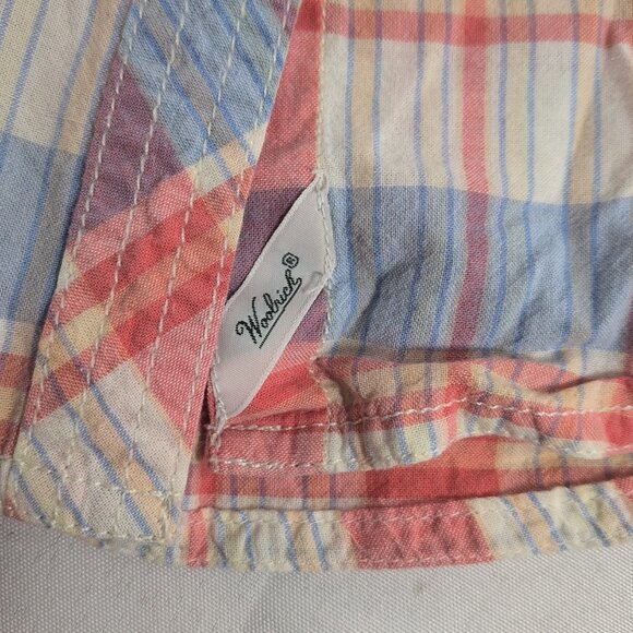 Woolrich Plaid Short Sleeve Blouse Button Up Shirt Collar Pink Blue Women's XS - Picture 13 of 13